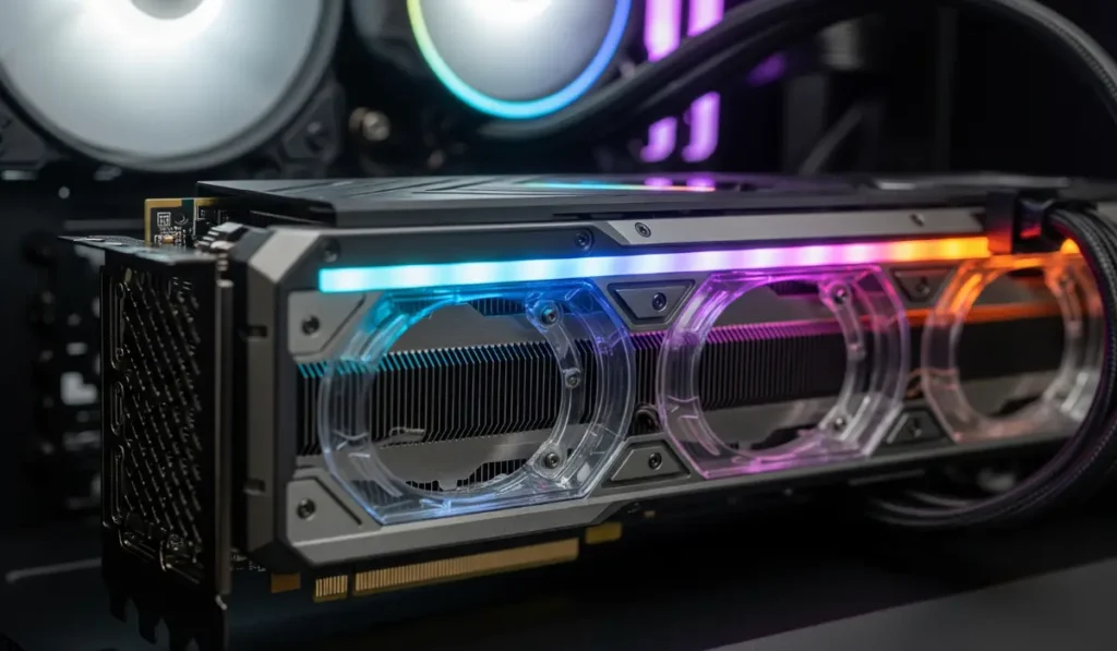 Close-up of a powerful, modern GPU with glowing RGB lights, highlighting the essential hardware for running local AI models.